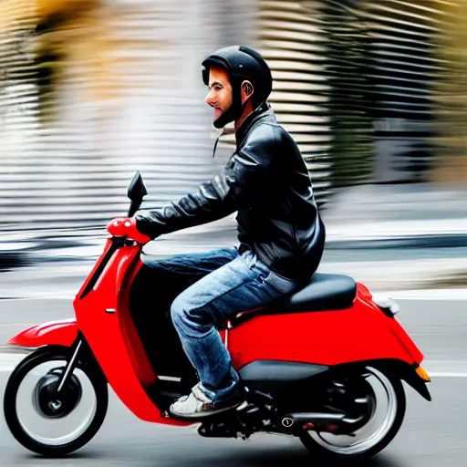 Image similar to advertisement delivery driver on moped delivering packages, extremely high quality, artistic rendering, cartoon, sharp, no blur, edited, white background