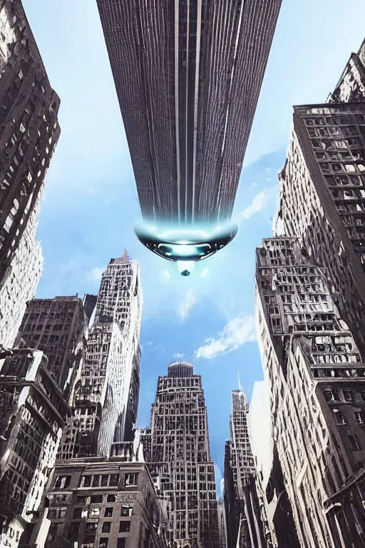 Image similar to giant UFO in the sky of New York, a photo taken on iPhone, photo taken from the ground, social media