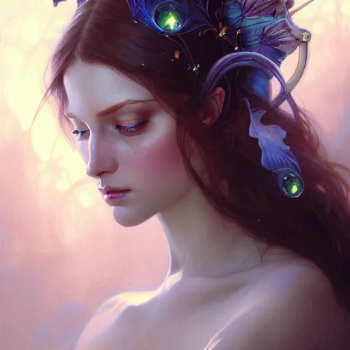 Prompt: Portrait of fairy woman, D&D, blue eyes, face, fantasy, intricate, elegant, highly detailed, digital painting, artstation, concept art, smooth, sharp focus, illustration, art by artgerm and greg rutkowski and alphonse mucha