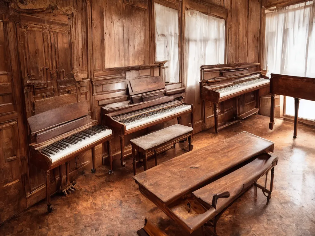 Image similar to room with old wooden piano in it, 8 k, highly detailed, amazing quality, photographic masterpiece