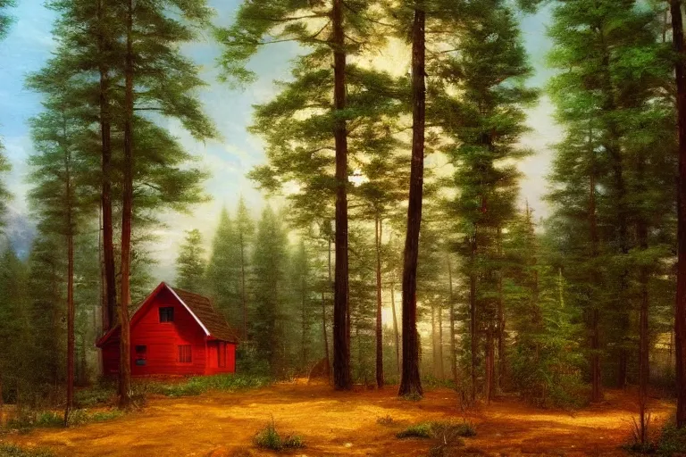 Image similar to small red wooden cabin in the distance in pine forest, very detailed, focused, oil painting, colorful, cinematic lighting, canvas, artstation, Albert Bierstadt, Sydney Mortimer Laurence