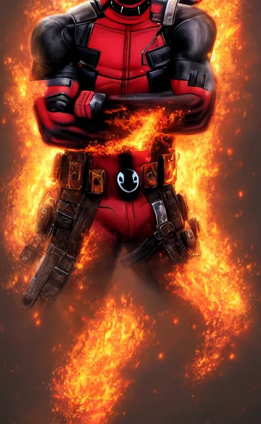 Image similar to deadpool as ghost rider, dynamic lighting, photorealistic fantasy concept art, trending on art station, stunning visuals, terrifying, creative, cinematic