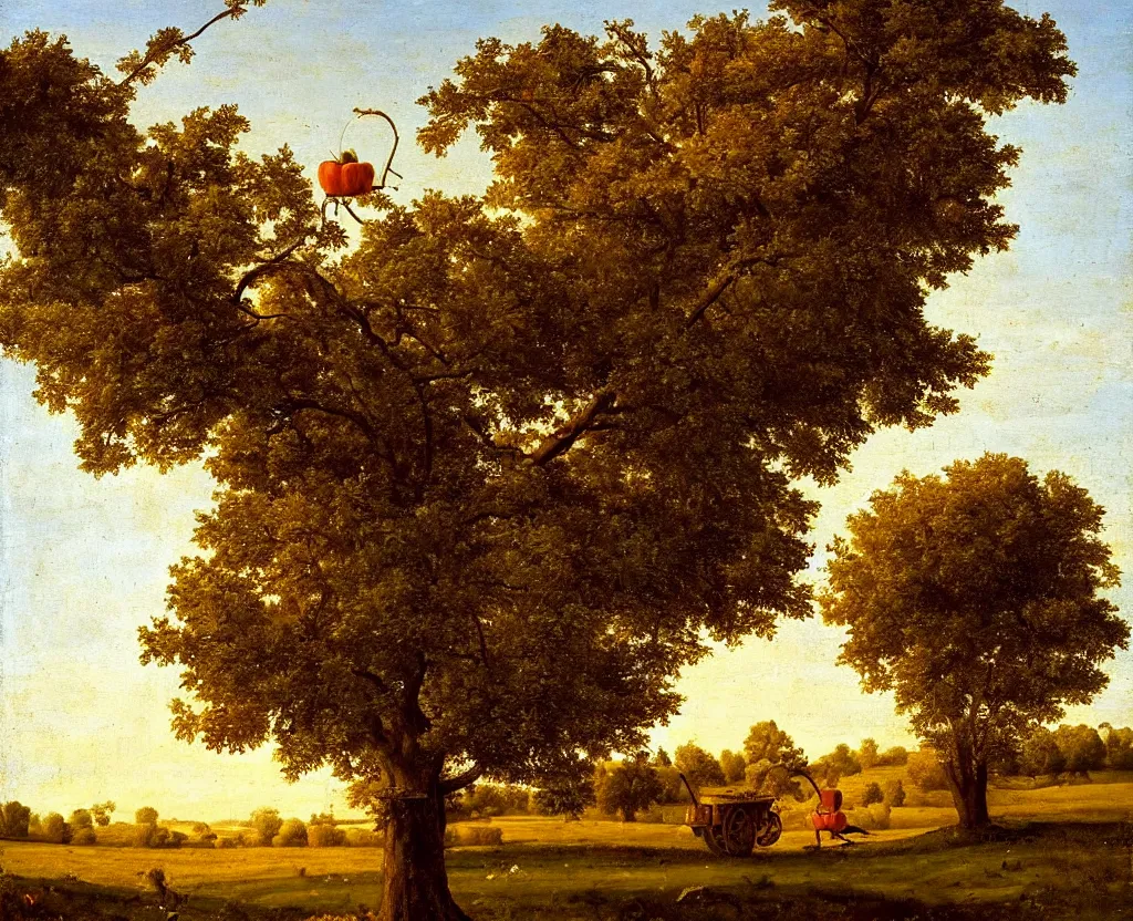 Prompt: Apple harvester machine stands on the side of an apple tree, classical painting, symmetrical, realism, golden hour