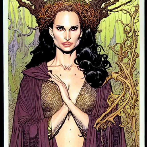 Image similar to a realistic portrait of natalie portman as a druidic wizard by rebecca guay, michael kaluta, charles vess and jean moebius giraud