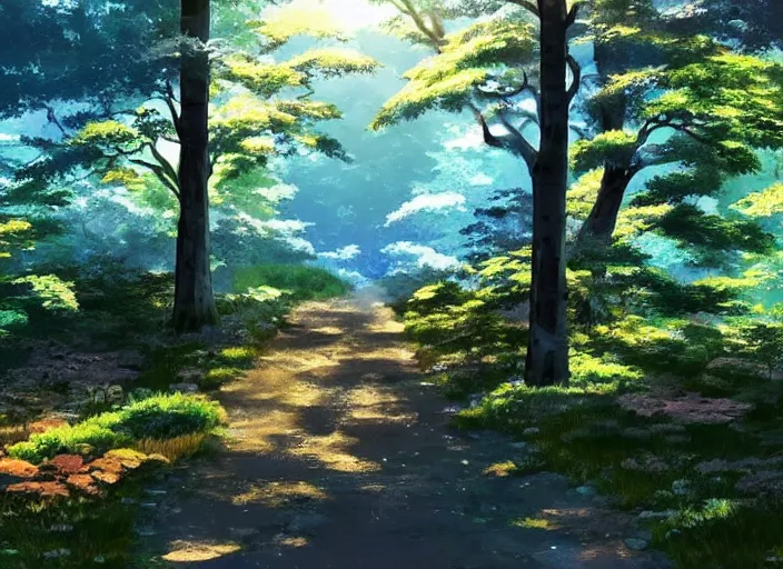 Prompt: going on a nature walk through the woods in Japan, anime scenery by Makoto Shinkai, wholesome and sunlit, discovery