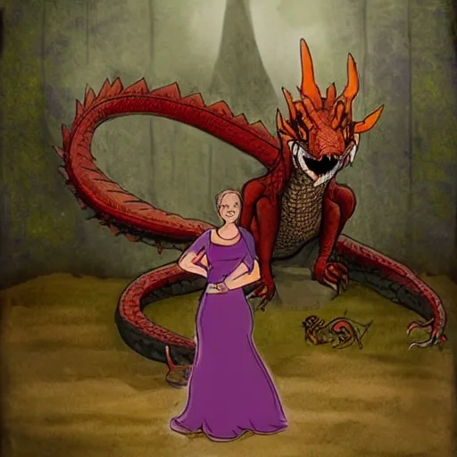 Image similar to a woman is standing next to a large dragon, art by steve ferris