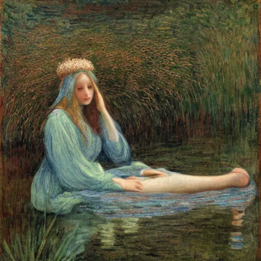 Image similar to ophelia laying partially submerged in water floating down the river amongst the reeds fully covered in robes and lake foliage weeds reeds fully clothed in flowing medieval robes by rosetti and monet, 8 k