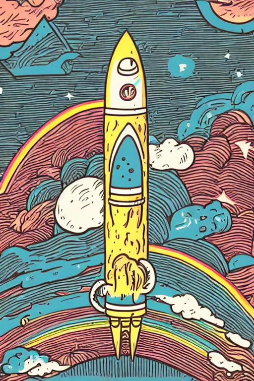 Prompt: mcbess illustration of a rocket ship with rainbow color exhaust fumes