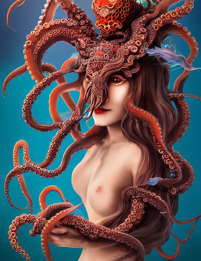 Image similar to 3 d goddess octopus half - turn portrait with long hair with ram skull. beautiful intricately detailed japanese crow kitsune mask and clasical japanese kimono. betta fish, jellyfish phoenix, bio luminescent, plasma, ice, water, wind, creature, artwork by tooth wu and wlop and beeple and greg rutkowski