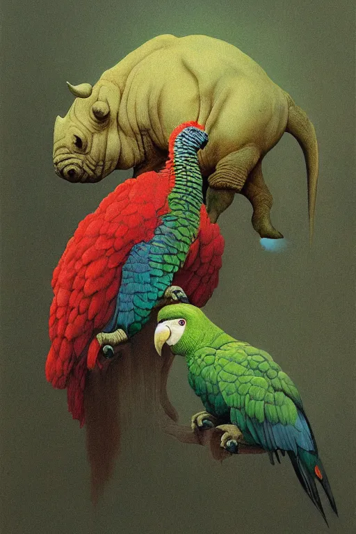 Image similar to painting of cross between rhino & parrot, intercrossed animal, by zdzislaw beksinski, by tiffany bozic, gradient background, concept art, beautiful composition, digital painting,