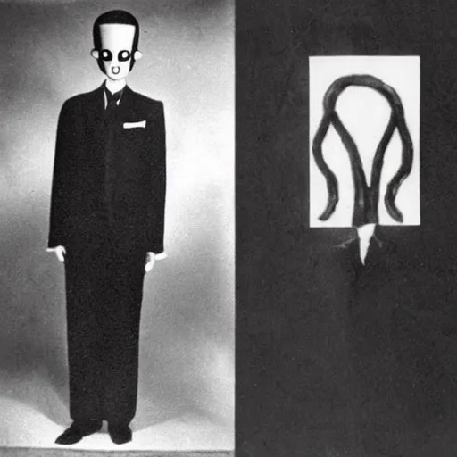 Image similar to a album of slenderman no face no eyes from the 1940s