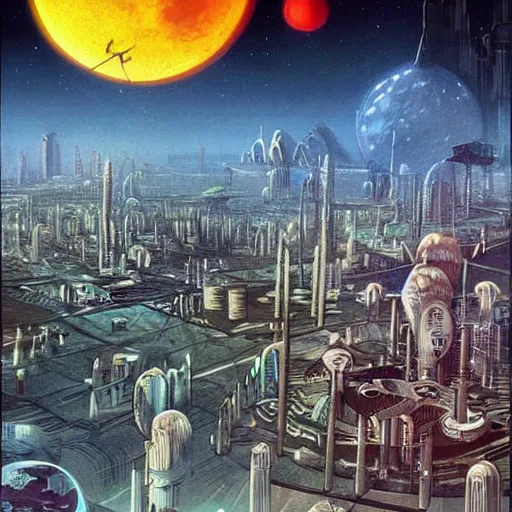 Image similar to futuristic city that orbits a desolate moon and lush planet, concept art, pulp novel cover