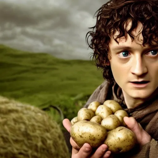 Image similar to frodo from lord of the rings in a burlap sack of potatoes, and the sack has many potatoes in it, photography, realistic, mid shot, in his hobbit home, cinematic lighting