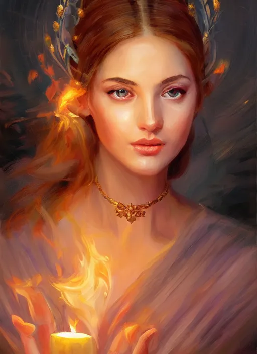 Image similar to Portrait of a beautiful priestess from the oracle of Delphi, looking into the flames, greek mythology, high face detail, in the style of Julia Ustinovich, digital art, Vladimir Volegov