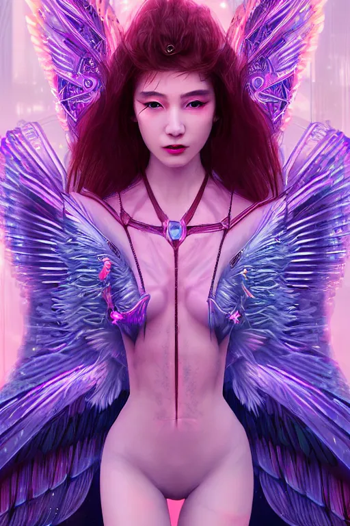 Prompt: portrait futuristic goddess angel Girl with wings and feathers, in future cyberpunk tokyo rooftop , ssci-fi, fantasy, intricate, very very beautiful, elegant, human anatomy, human structure, neon light, highly detailed, digital painting, artstation, concept art, smooth, sharp focus, illustration, art by tian zi and WLOP and alphonse mucha