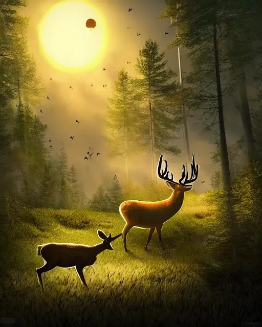 Prompt: a large potato shooting a deer in the woods with sun high above and cloudy, ultra realistic, concept art, intricate details, highly detailed