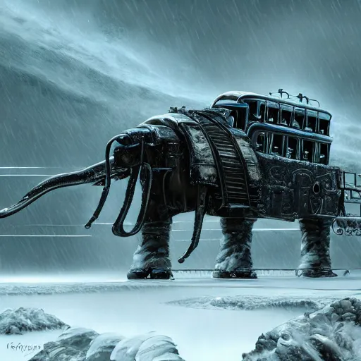 Image similar to an intricate futuristic black steam train and a giant mammoth, post - apocalyptic ice landscape in snowstorm, concept art, artstation, highly detailed, digital art