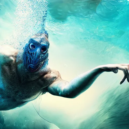 Prompt: a beautiful hyperrealistic hyperdetailed fantasy portrait underwater of a crazy swimming monster, dynamic swimming pose, at a distance, 8 k, cryengine, arms reaching out toward camera, full body pose