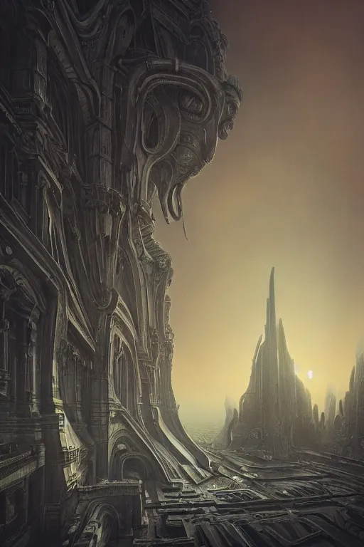 Image similar to sci - fi concrete alien eldritch demonic baroque rococo gothic architecture in hell, babylonian, ziggurat, zaha hadid, beksinski, wayne barlowe, oil painting, photoreal, highly detailed, 8 k, hd, vray, artstation, cinematic matte painting, extreme detail photo quality, sunset, featured on behance