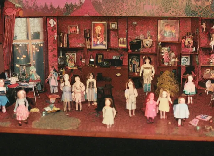 Prompt: Still frame from scene from the retro Twin Peaks consisting of doll miniatures diorama, directed by Nobuhiko Obayashi