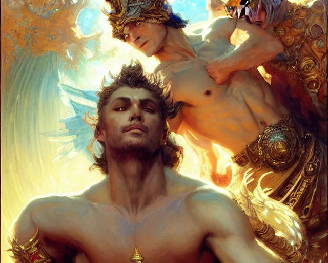 Image similar to attractive pagan male deity, summons handsome lucifer morning star. highly detailed painting by gaston bussiere, craig mullins, j. c. leyendecker 8 k