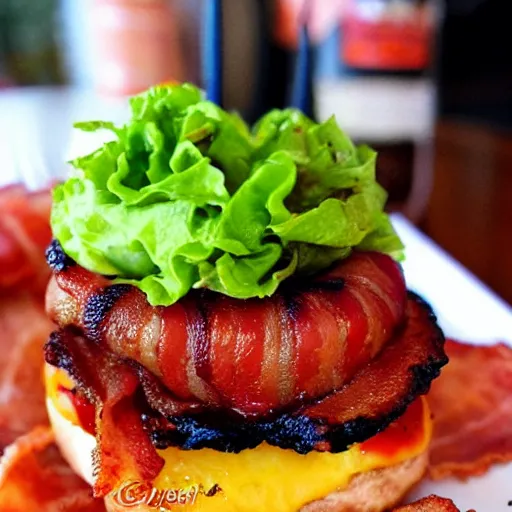 Image similar to bacon wrapped bacon cheeseburger with kevin bacon inside