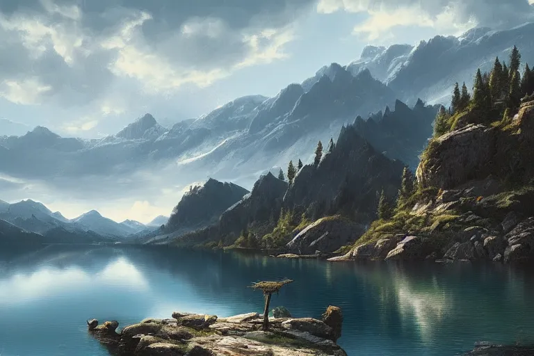 Image similar to beautiful serene landscape, mountains, lake, by raphael lacoste, low angle, wide angle, artstation