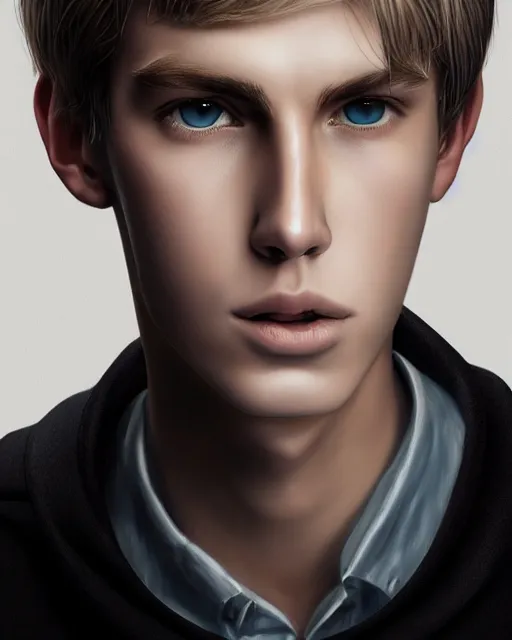 Prompt: portrait of 1 5 - year - old boy, a tall, slender boy with a pale, pointed face, sleek blond hair, and ice grey eyes, wearing in shirt, hyper realistic face, beautiful eyes, character art, art by mark brooks, hyperdetailed, cryengine, trending on artstation, digital art