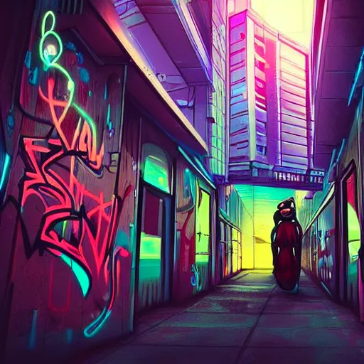 Image similar to beautiful graffiti on a wall in a cyberpunk city, happy mood, futuristic, neon, high detail, sunset, realistic