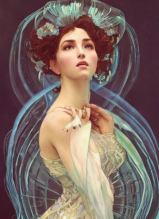 Prompt: a beautiful woman in a dress shaped like a jellyfish. beautiful highly detailed face. painting by artgerm and greg rutkowski and alphonse mucha.