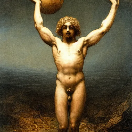 Image similar to a painting by Gustave Doré of atlas holding the earth on his back