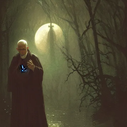 Image similar to a terrified catholic priest, full moon in the background, rainy atmosphere, natural volumetric light, intricate, highly detailed, digital painting, artstation, concept art, sharp focus, illustration, SFW, art by greg rutkowski and alphonse mucha