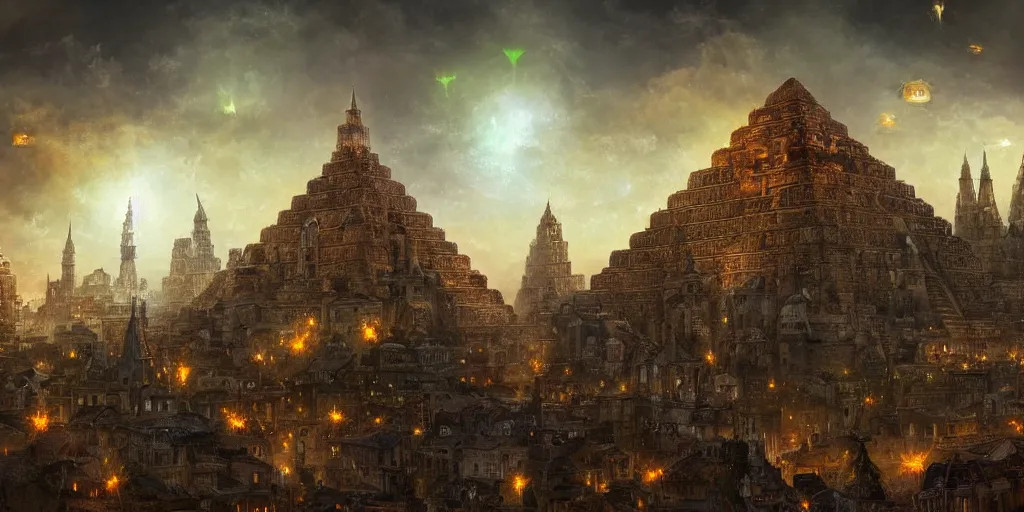 Image similar to magical city of the Great Tartarian Empire adorned with amazing lost technology, lighting resembling fireflies, spires from rooftops collecting and distributing etheric energy, the centerpiece of the city is a colossal ancient pyramid made of metal, cityscape, combining intense detail & utmost quality, Christian Hecker, Artstation, - H 832