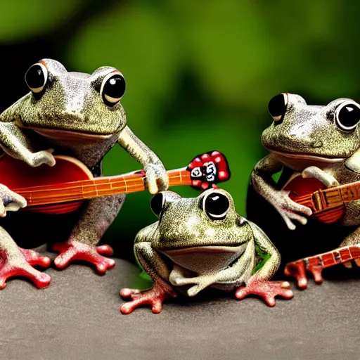 Image similar to 3 fat obese small frogs playing instruments in a band, high-definition photograph