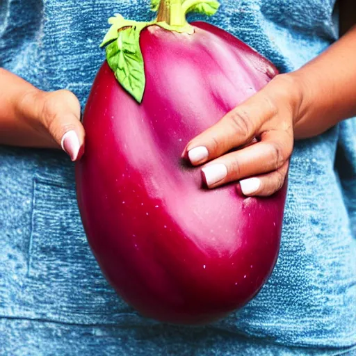 Prompt: a woman holding an eggplant emoji