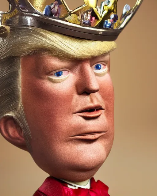 Image similar to highly detailed closeup, face profile portrait of a tin toy donald trump as a fairytale king hemry the eighth wearing a crown and eating cakes, depth of field, nicoletta ceccoli, mark ryden, lostfish, max fleischer, breathtaking, detailed and intricate environment, 8 k resolution, hyperrealistic, octane render