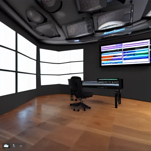 Image similar to Virtual Reality music studio Ableton Live theme concept, raytracing, highly detailed, futuristic, unreal engine 5, photoscan