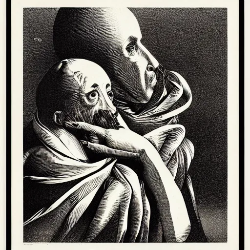 Prompt: lithography on paper conceptual figurative post - morden monumental portrait by goya and escher, illusion surreal art, highly conceptual figurative art, intricate detailed illustration, controversial poster art, polish poster art, geometrical drawings, no blur