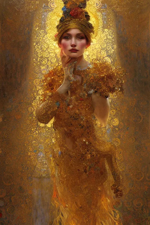 Image similar to an intricate artistic klimt golden motives and textures, hyper detailed, ornamental gold headpiece, octane render, vivid colors, artstation, by jeremy mann, by alphonse mucha, by boris vallejo