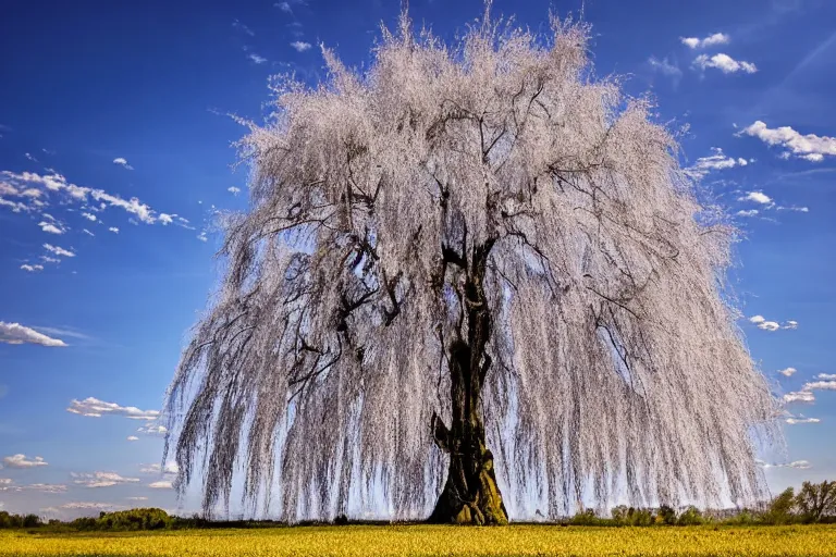 Image similar to A 2000 year old Weeping willow tree, on a center of an amazing spring field, hyperrealistic, hyper detailed, smooth light, birds in the sky, wide angle lens,