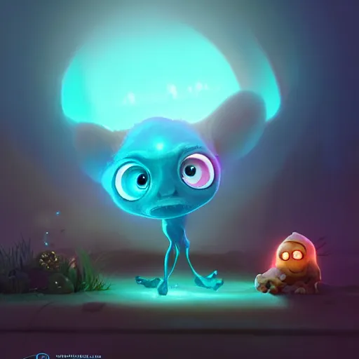 Image similar to adorable glowing creature, trending on artstation, cute, big eyes, matte painting, concept art, pixar, disney, highly detailed, cinematic composition, unreal engine, 3 d rendered in octane