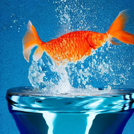 Prompt: stock photo of goldfish jumping out of the water bowl to freedom out blue background