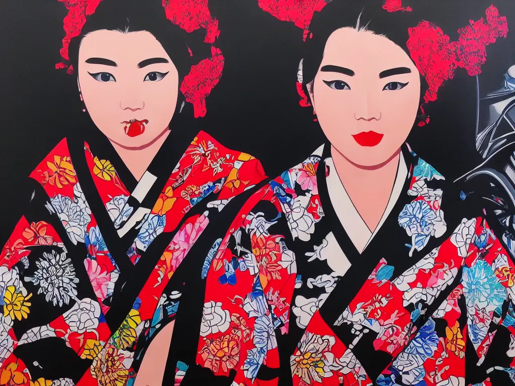 Image similar to hyperrealism composition of the detailed woman in a japanese kimono sitting at an extremely detailed poker table with darth vader, fireworks on the background, pop - art style, jacky tsai style, andy warhol style, acrylic on canvas