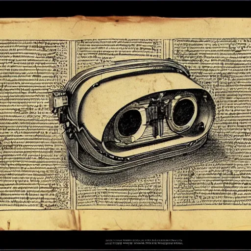 Image similar to Vintage, detailed, sketch of Oculus Rift, with full descriptions, on parchment, as depicted in Leonardo da Vinci's Codex Atlanticus