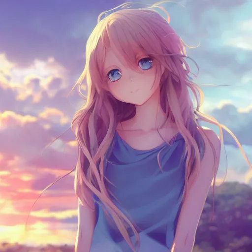 Image similar to a very beautiful anime girl, full body, long wavy blond hair, sky blue eyes, full round face, short smile, cute top, short jeans, summer lake setting, cinematic lightning, medium shot, mid-shot, highly detailed, trending on Artstation, Unreal Engine 4k, cinematic wallpaper by Stanley Artgerm Lau, WLOP, Rossdraws, James Jean, Andrei Riabovitchev, Marc Simonetti, and Sakimichan