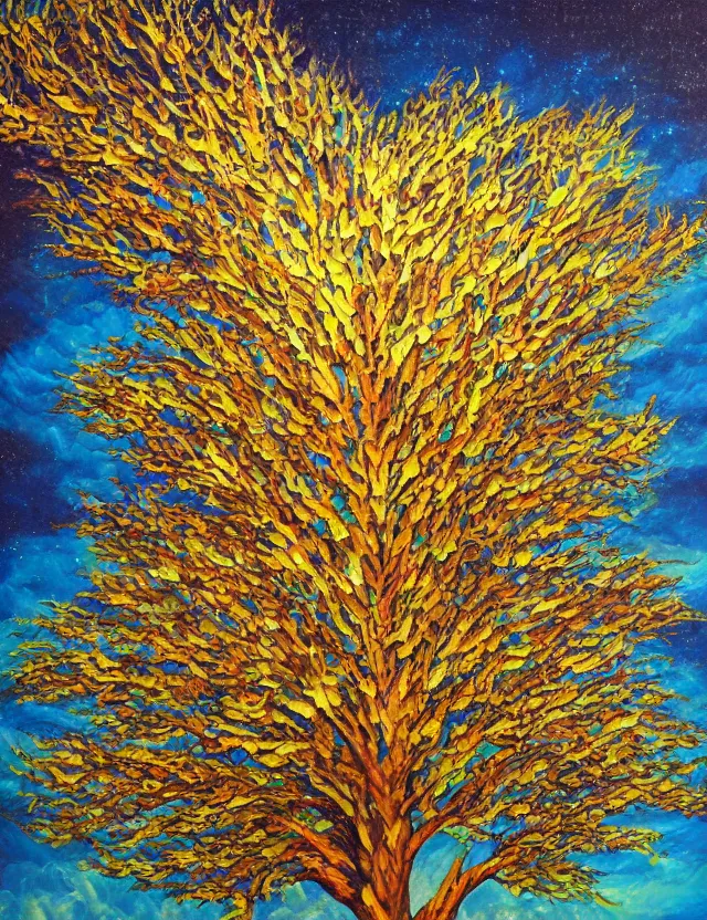 Image similar to tree of knowledge erudite gnostic wisdom, golden boughs and roots, celestial skies and lambent clouds, oil painting award winning, chromatic aberration bright colors