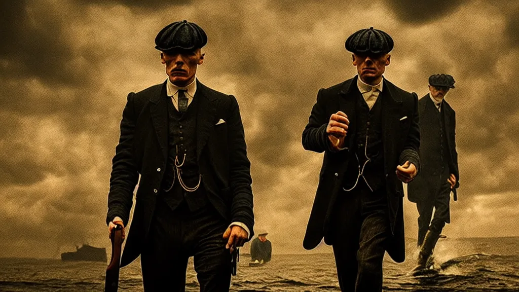 Image similar to the peaky blinders made of shrimps coming out of the ocean film still from the movie directed by denis villeneuve with art direction by zdzis