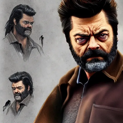 Image similar to logan wolverine pictured as nick offerman, photorealistic marvel movie still, imdb, detailed, 8 k, poster photosession style, deviantart and artstation top picks