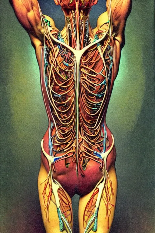 Image similar to extremely psychedelic anatomically accurate model of the ful cyborgl human muscular system infected by night, full body, intricate parts, fine details, hyper - realistic, elegant minimalism. sharp focus. lush color by seichen, alphonse mucha, surreal