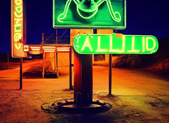 Prompt: “alien wildlife photography on an alien planet, night, neon, various subjects, cinestill 800t, in the style of William eggleston”